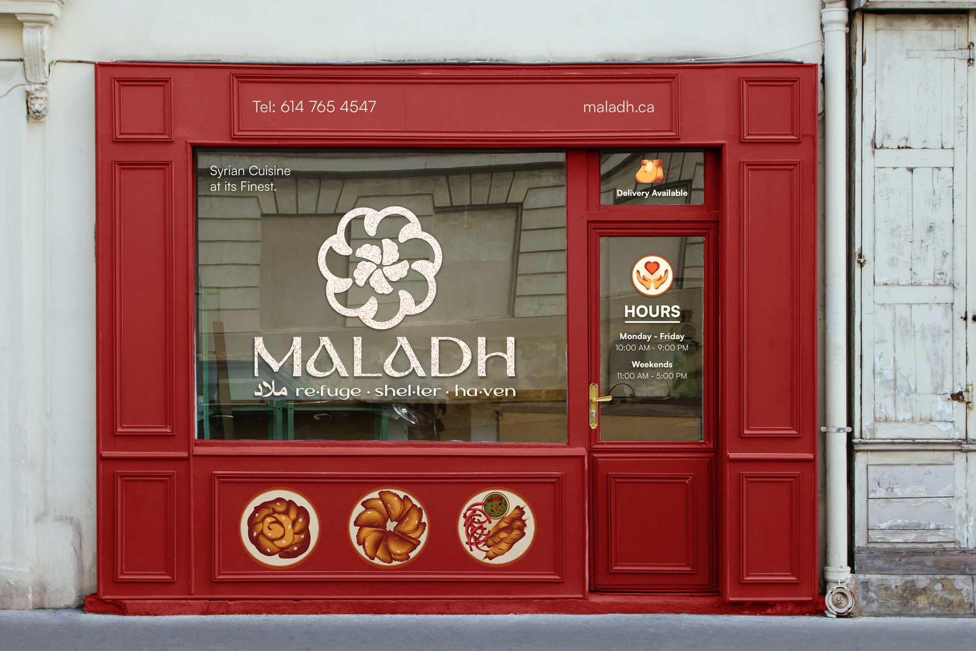 Syrian restaurant storefront design and branding.